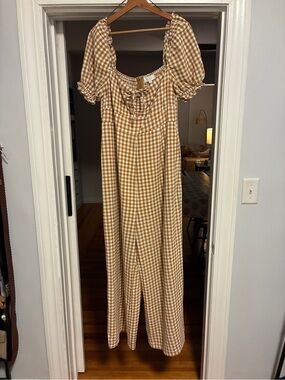 Gingham Puff-Sleeve Jumpsuit in Tan - Women